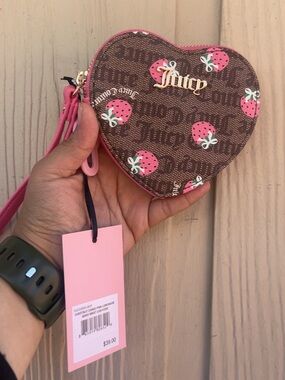 Juicy Couture Brown & Pink Heart Strawberry Wristlet Coin Purse